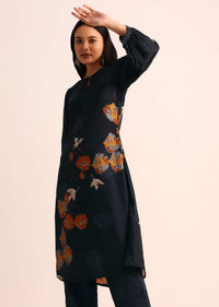 Midnight Blue Abstract Printed Chanderi Kurti And Pant