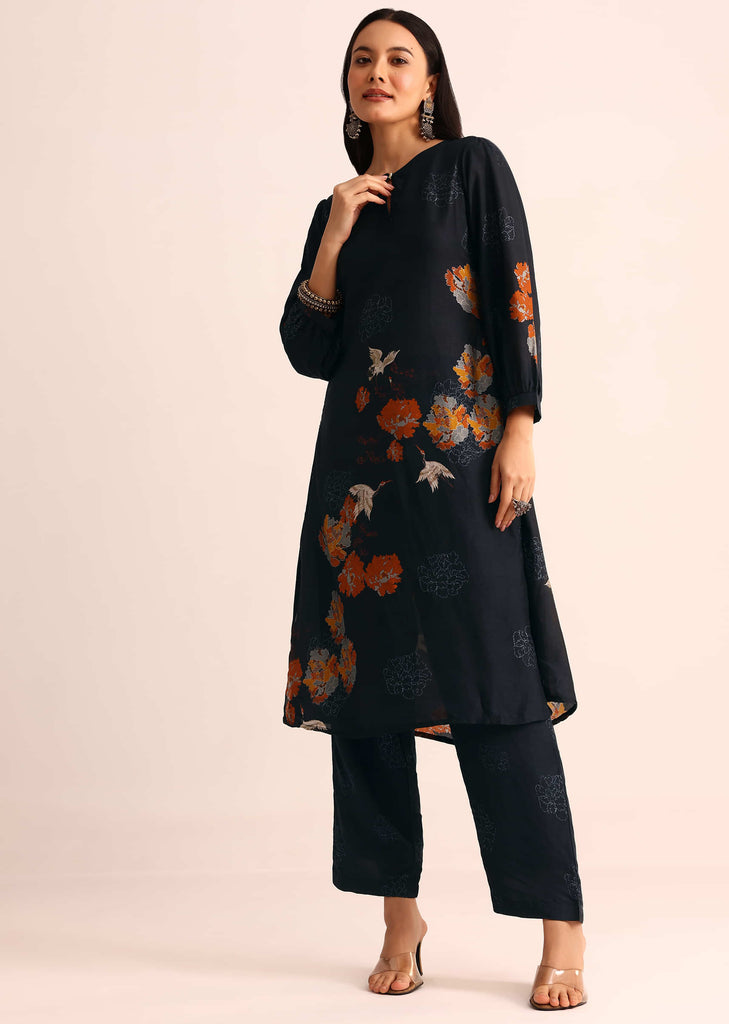 Midnight Blue Abstract Printed Chanderi Kurti And Pant