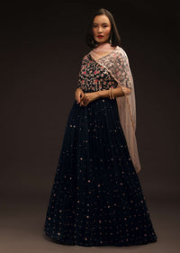 Midnight Blue Anarkali Suit In Chiffon With Multi Colored Hand Embroidered Bodice Featuring Resham Work