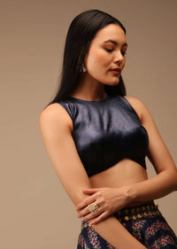 Midnight Blue Blouse In Satin With Curved Hem, Round Neckline And Back Zip Detail