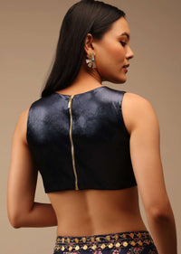 Midnight Blue Blouse In Satin With Curved Hem, Round Neckline And Back Zip Detail