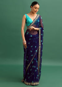 Midnight Blue Chiffon Bandhani Saree With Kundan Embroidered Border And Unstitched Blouse