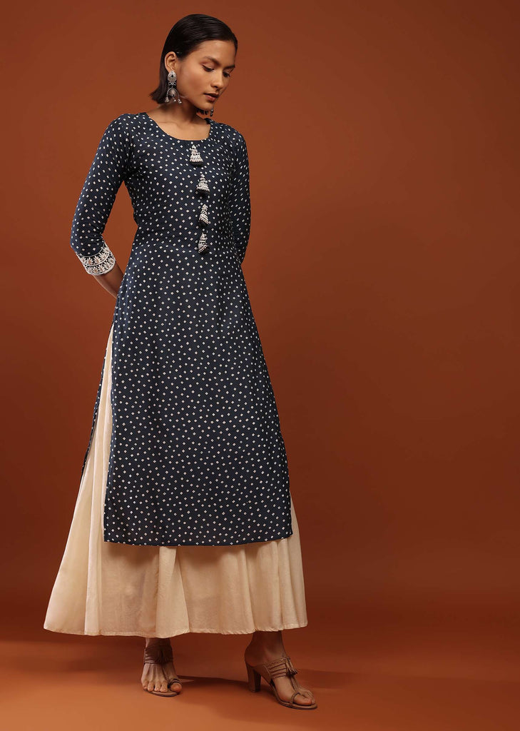Persian Blue Kurta In Cotton With Bandhani Buttis And Moti Detailed Tassels