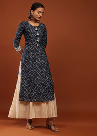 Persian Blue Kurta In Cotton With Bandhani Buttis And Moti Detailed Tassels