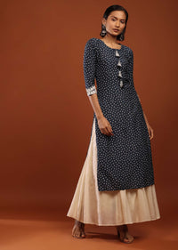 Persian Blue Kurta In Cotton With Bandhani Buttis And Moti Detailed Tassels