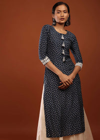 Persian Blue Kurta In Cotton With Bandhani Buttis And Moti Detailed Tassels