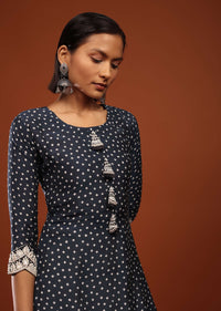 Persian Blue Kurta In Cotton With Bandhani Buttis And Moti Detailed Tassels