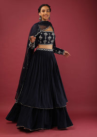 Midnight Blue Layered Lehenga Choli With Fancy Puffed Full Sleeves And Moti Work