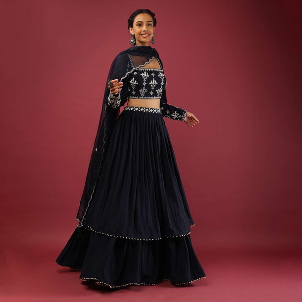 Midnight Blue Layered Lehenga Choli With Fancy Puffed Full Sleeves And Moti Work