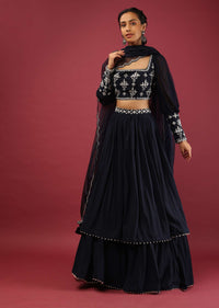 Midnight Blue Layered Lehenga Choli With Fancy Puffed Full Sleeves And Moti Work