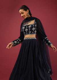 Midnight Blue Layered Lehenga Choli With Fancy Puffed Full Sleeves And Moti Work