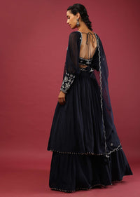 Midnight Blue Layered Lehenga Choli With Fancy Puffed Full Sleeves And Moti Work