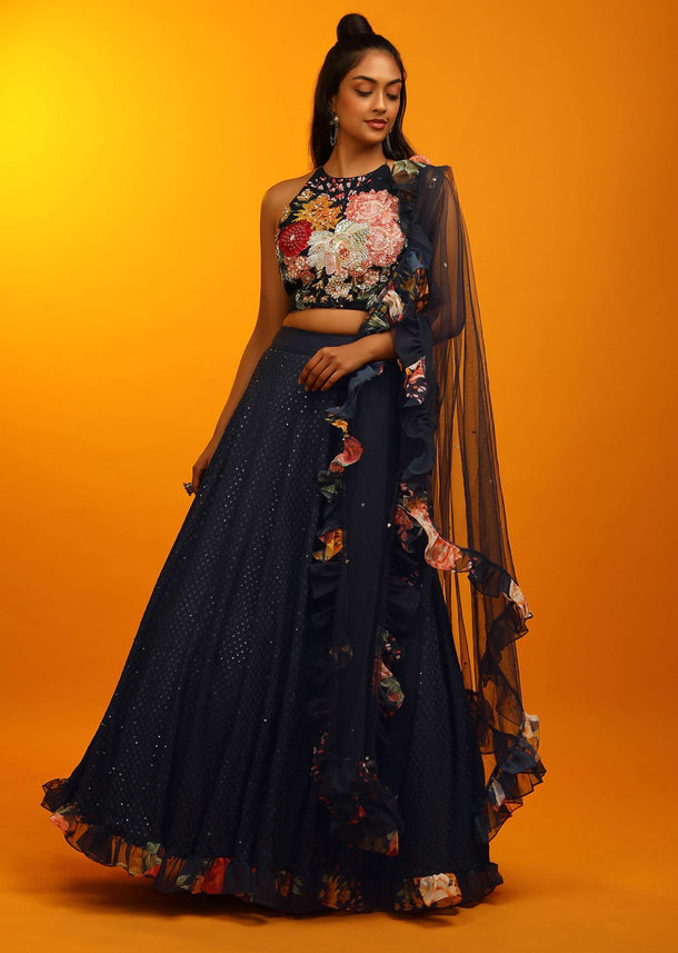 Midnight Blue Lehenga And Halter Neck Crop Top With Resham Jaal, Multi Colored Beads Work And Floral Printed Frill