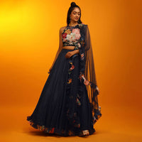 Midnight Blue Lehenga And Halter Neck Crop Top With Resham Jaal, Multi Colored Beads Work And Floral Printed Frill