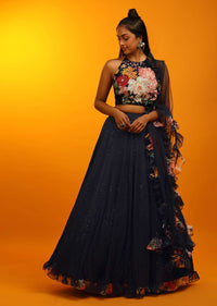 Midnight Blue Lehenga And Halter Neck Crop Top With Resham Jaal, Multi Colored Beads Work And Floral Printed Frill