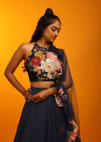 Midnight Blue Lehenga And Halter Neck Crop Top With Resham Jaal, Multi Colored Beads Work And Floral Printed Frill