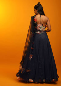 Midnight Blue Lehenga And Halter Neck Crop Top With Resham Jaal, Multi Colored Beads Work And Floral Printed Frill