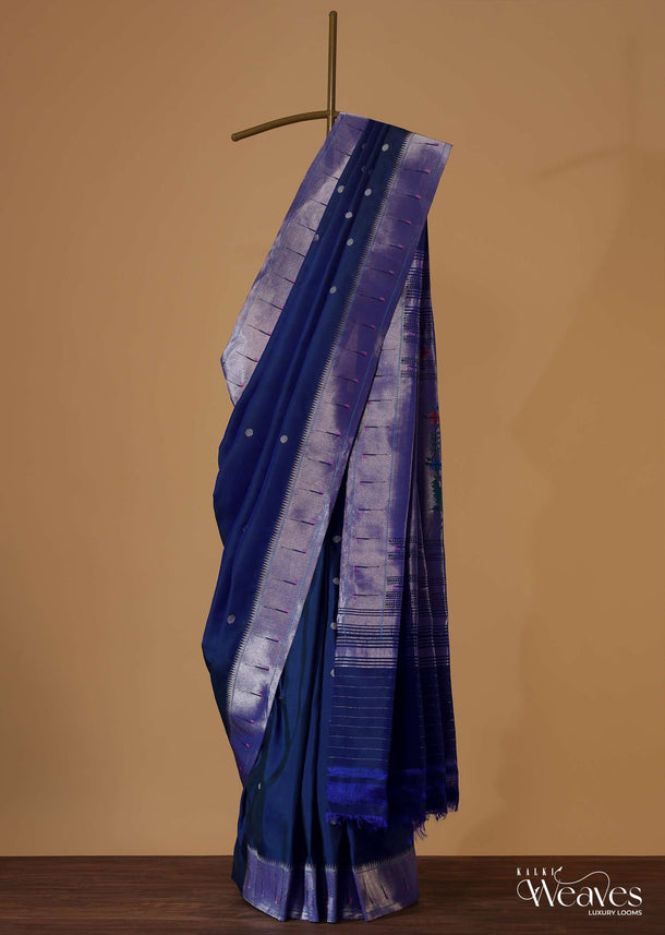 Midnight Blue Maharashtrian Paithani Woven Saree In Katan Silk With Unstitched Blouse