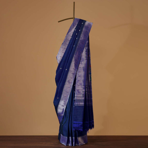 Midnight Blue Maharashtrian Paithani Woven Saree In Katan Silk With Unstitched Blouse