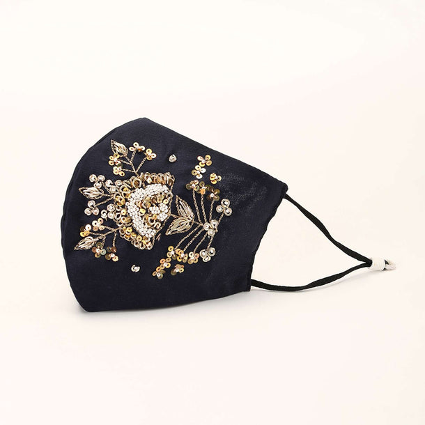 Midnight Blue Mask In Silk With Moti And Zardosi Embroidered Floral Motif