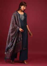 Midnight Blue Palazzo Suit In Tussar Silk With Ajrakh Handblock Print And Embroidery