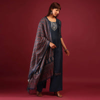 Midnight Blue Palazzo Suit In Tussar Silk With Ajrakh Handblock Print And Embroidery