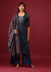 Midnight Blue Palazzo Suit In Tussar Silk With Ajrakh Handblock Print And Embroidery