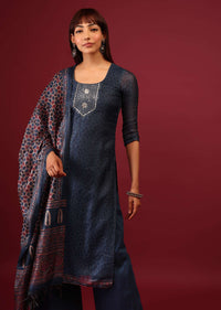 Midnight Blue Palazzo Suit In Tussar Silk With Ajrakh Handblock Print And Embroidery