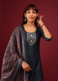 Midnight Blue Palazzo Suit In Tussar Silk With Ajrakh Handblock Print And Embroidery