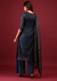 Midnight Blue Palazzo Suit In Tussar Silk With Ajrakh Handblock Print And Embroidery