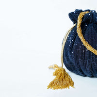 Midnight Blue Potli Bag In Sequins Fabric With Cut Dana Tassels And Handle By Solasta