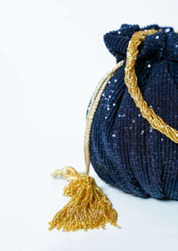 Midnight Blue Potli Bag In Sequins Fabric With Cut Dana Tassels And Handle By Solasta