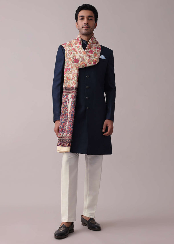 Midnight Blue Poyester Sherwani Set With Floral Printed Stole And Collar Detailing