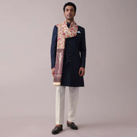 Midnight Blue Poyester Sherwani Set With Floral Printed Stole And Collar Detailing