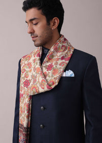 Midnight Blue Poyester Sherwani Set With Floral Printed Stole And Collar Detailing