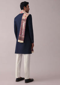 Midnight Blue Poyester Sherwani Set With Floral Printed Stole And Collar Detailing