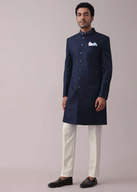 Midnight Blue Poyester Sherwani Set With Floral Printed Stole And Collar Detailing