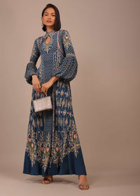 Persian Blue Printed Anarkali Kurti With Stone Work In Crepe