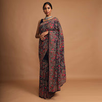 Midnight Blue Saree In Georgette With Kashmiri Embroidery In Paisley And Floral Jaal