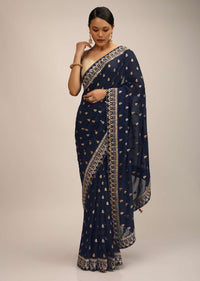 Midnight Blue Saree In Art Organza With Woven Geometric Buttis And Gotta Patti Embroidered Border
