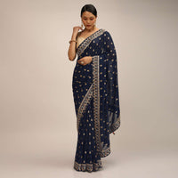 Midnight Blue Saree In Art Organza With Woven Geometric Buttis And Gotta Patti Embroidered Border