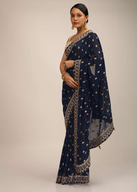 Midnight Blue Saree In Art Organza With Woven Geometric Buttis And Gotta Patti Embroidered Border
