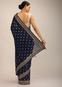 Midnight Blue Saree In Art Organza With Woven Geometric Buttis And Gotta Patti Embroidered Border