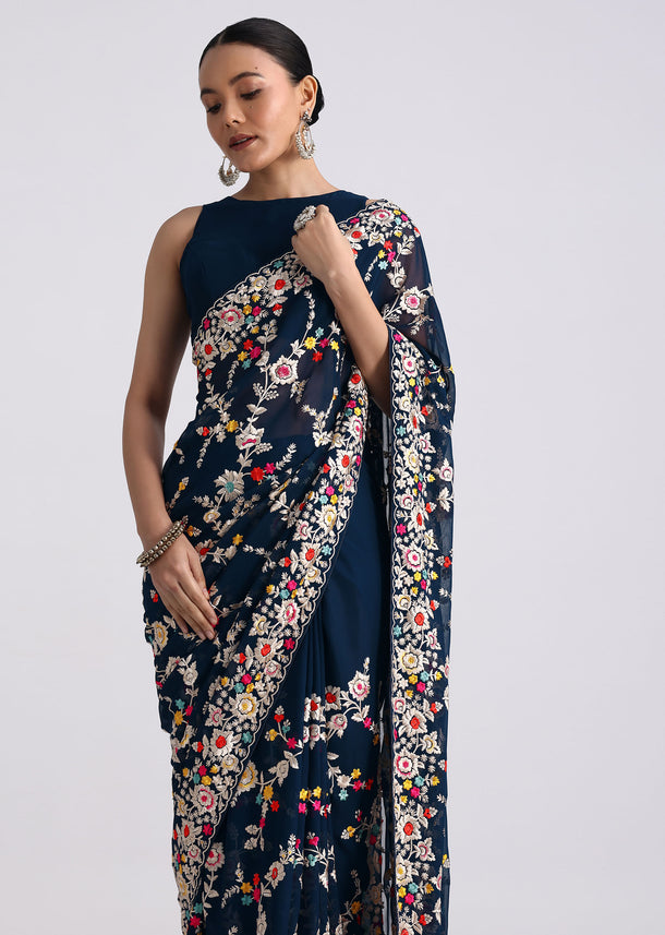 Midnight Blue Saree With Parsi Gara Work