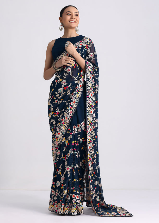 Midnight Blue Saree With Parsi Gara Work