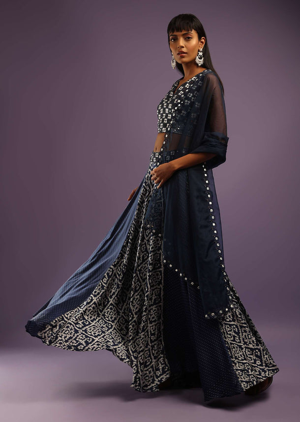 Midnight Blue Skirt In Satin Blend With Bandhani Print And Abla Embroidered Crop Top