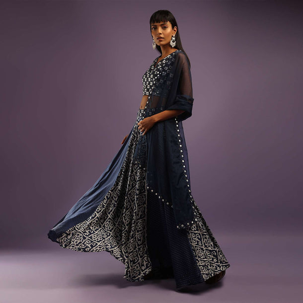 Midnight Blue Skirt In Satin Blend With Bandhani Print And Abla Embroidered Crop Top