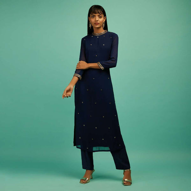 Midnight Blue Straight Cut Suit In Georgette With Sequin Embellished Buttis