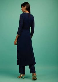 Midnight Blue Straight Cut Suit In Georgette With Sequin Embellished Buttis