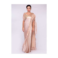 Milano satin pre stitched saree with pallo border in feather only on Kalki